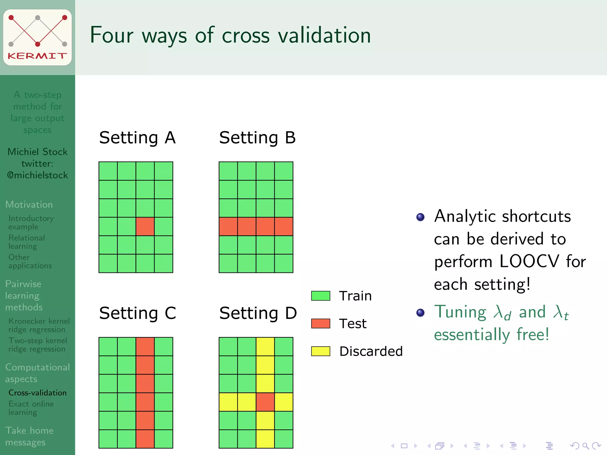 A two-step
method for
large output
spaces
Michiel Stock
twitter:
@michielstock
Motivation
Introductory
example
Relational
learning
Other
applications
Pairwise
learning
methods
Kronecker kernel
ridge regression
Two-step kernel
ridge regression
Computational
aspects
Cross-validation
Exact online
learning
Take home
messages
KERMIT
Four ways of cross validation
Setting A Setting B
Setting DSetting C
Train
Test
Discarded
Analytic shortcuts
can be derived to
perform LOOCV for
each setting!
Tuning λd and λt
essentially free!
 