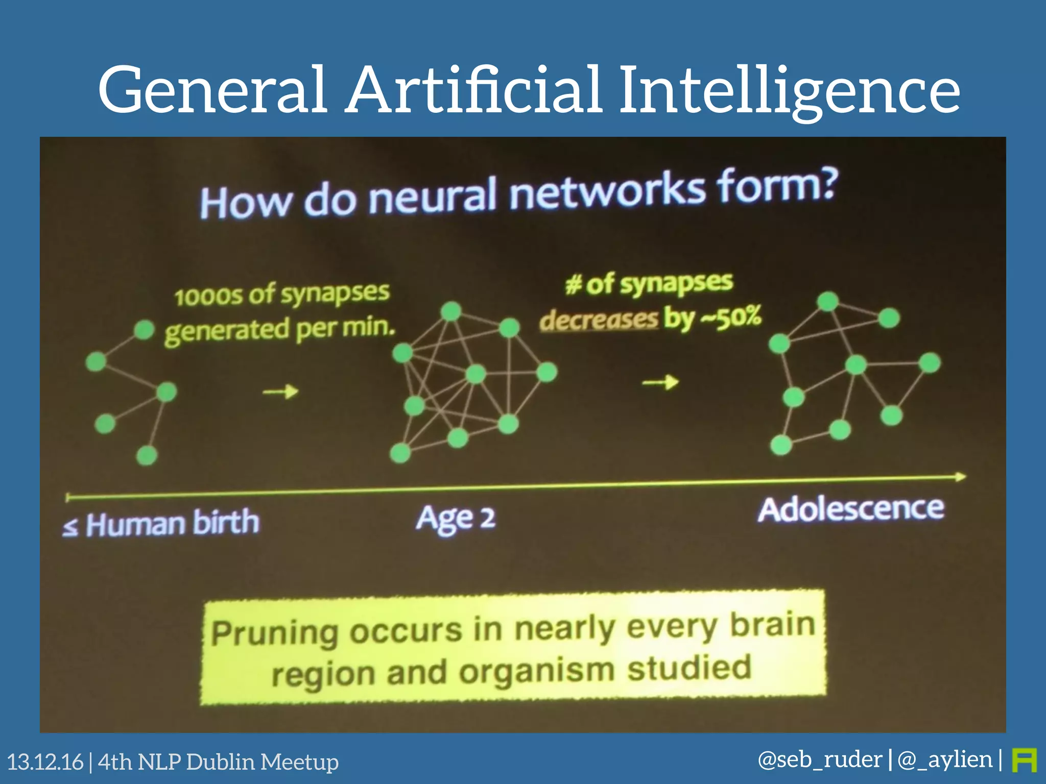 General Artiﬁcial Intelligence
@seb_ruder | @_aylien |13.12.16 | 4th NLP Dublin Meetup
• Topic in keynote talks
• Yann LeCun: Focus on unsupervised learning
• Drew Purves: AI for environment, ground for
General AI
• Saket Navlakha: Borrowing engineering
principles from the brain
 