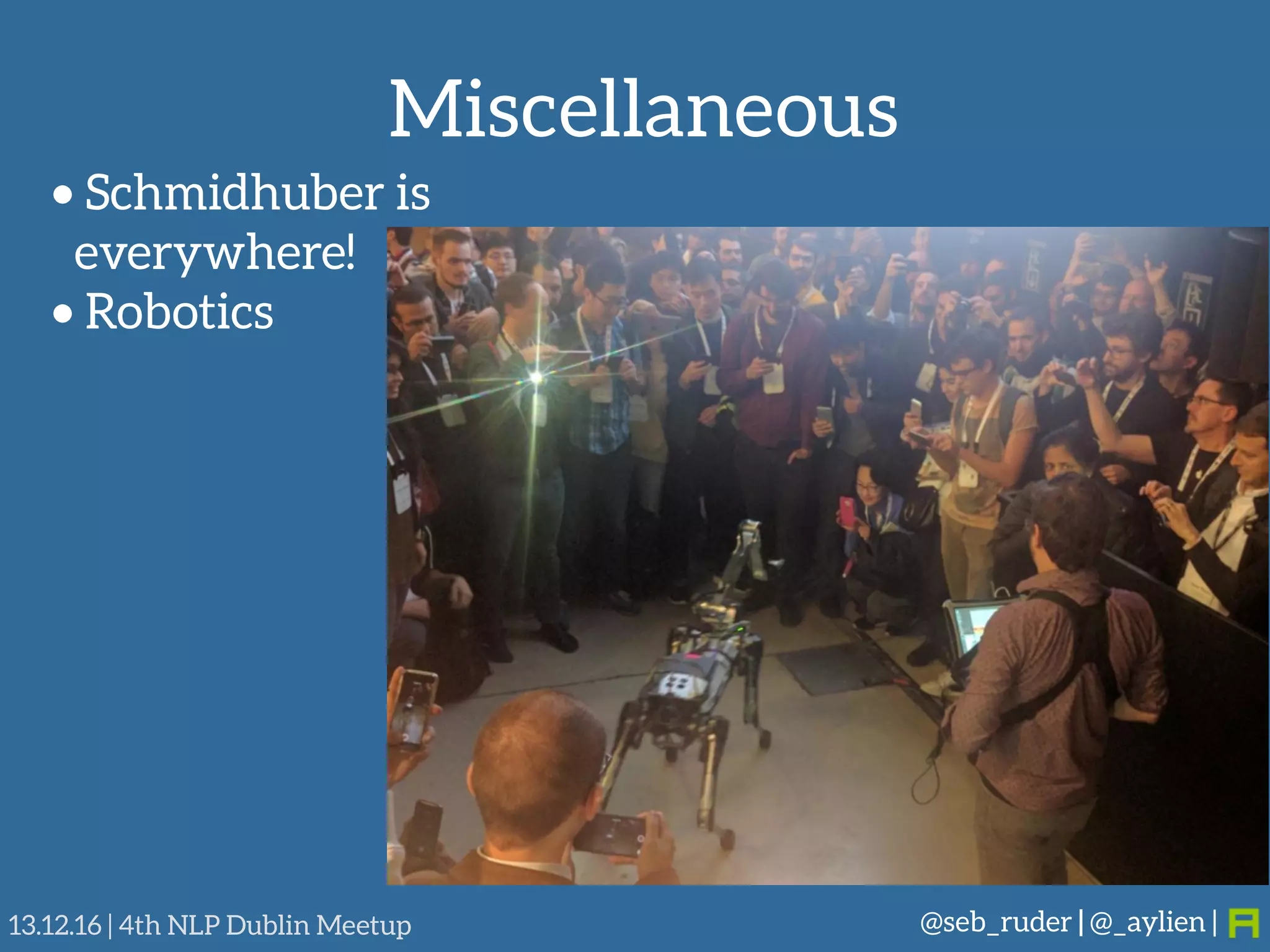 Miscellaneous
@seb_ruder | @_aylien |13.12.16 | 4th NLP Dublin Meetup
• Schmidhuber is 
everywhere!
• Robotics
 