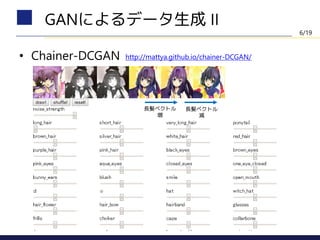 • Chainer-DCGAN
GANによるデータ生成 II
http://mattya.github.io/chainer-DCGAN/
長髪ベクトル
増
長髪ベクトル
減
6/19
 