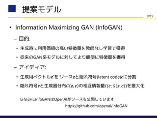 • Information Maximizing GAN (InfoGAN)
– 目的:
• 生成時に利用価値の高い特徴量を教師なし学習で獲得
• 従来のGAN系モデルに対してより簡便に特徴量を獲得
– アイディア:
• 生成用ベクトル𝒛′を ソース𝒛と隠れ符号(latent code)𝒄に分割
• 隠れ符号𝒄と生成器分布𝐺 𝒛, 𝒄 の相互情報量𝐼(𝒄; 𝐺 𝒛, 𝒄 )を最大化
提案モデル
9/19
ちなみにInfoGANはOpenAIがソースを公開しています
https://github.com/openai/InfoGAN
 