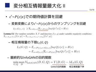 • 𝑐′~𝑃(𝑐|𝑥)での期待値計算を回避
– 変数変換により𝑐′~𝑃(𝑐|𝑥)からのサンプリングを回避
変分相互情報量最大化 II
– 相互情報量の下限𝐿𝐼(𝐺, 𝑄)
– 最終的なInfoGANの目的関数
GANの目的関数 相互情報量下界
13/19
 