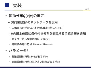 • 補助分布𝑄(𝑐|𝑥)の選定
– 𝑄は識別器𝐷のネットワークを流用
• GANからの学習コストの増加は非常に小さい
– 𝐷の最上位層に条件付き分布を表現する全結合層を追加
• カテゴリカルな隠れ符号: softmax
• 連続値の隠れ符号: factored Gaussian
• パラメータ𝜆
• 離散値隠れ符号: 𝜆=1がおすすめ
• 連続値隠れ符号: 𝜆は小さいほうがおすすめ
実装
14/19
 