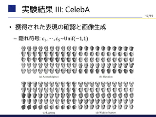 • 獲得された表現の確認と画像生成
– 隠れ符号: 𝑐1, ⋯ , 𝑐5~Unif(−1,1)
実験結果 III: CelebA
17/19
 