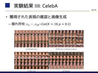 • 獲得された表現の確認と画像生成
– 隠れ符号: 𝑐1, ⋯ , 𝑐10~Cat 𝐾 = 10, 𝑝 = 0.1
実験結果 IIII: CelebA
18/19
 