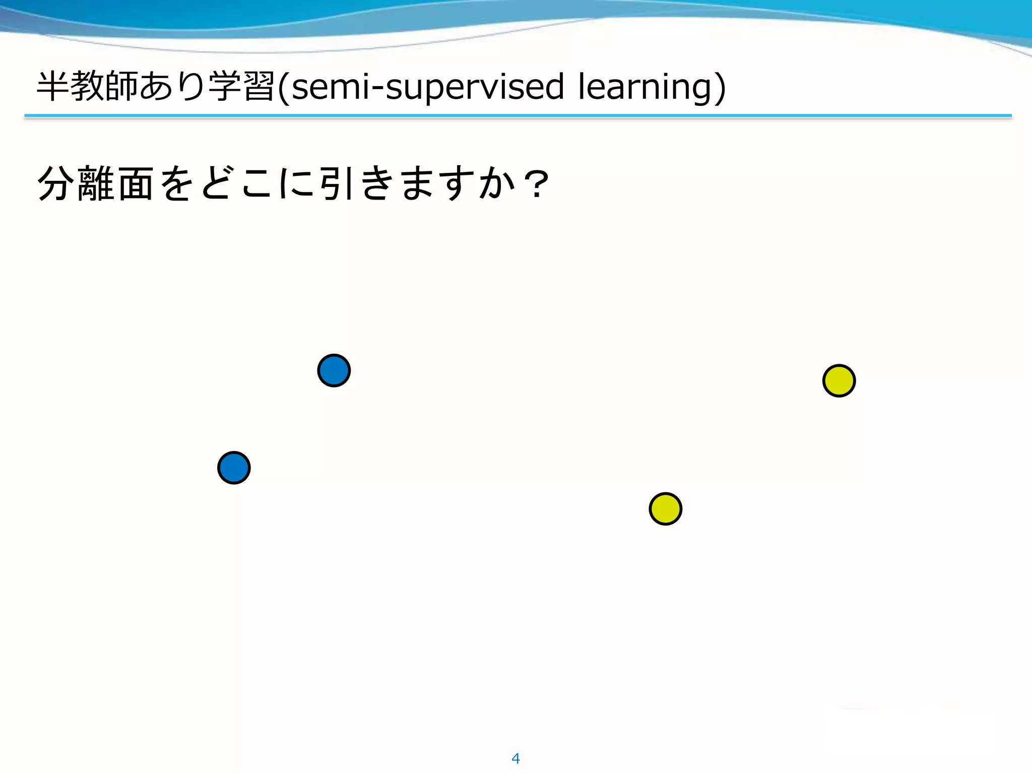 半教師あり学習(semi-supervised learning)
4
分離面をどこに引きますか？
 