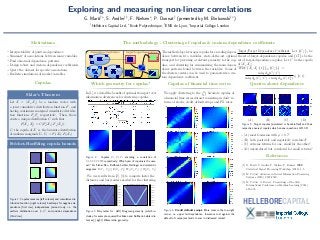 Exploring and measuring non-linear correlations
G. Marti†
, S. Andler†‡
, F. Nielsen , P. Donnat†
(presented by M. Binkowski†∗
)
†
Hellebore Capital Ltd, Ecole Polytechnique, ‡
ENS de Lyon, ∗
Imperial College London
Motivations
• Interpretability of pairwise dependence
• Summary of associations between many variables
• Find abnormal dependence patterns
• Design robust and custom dependence coeﬃcients
• Query the dataset for speciﬁc associations
• Realistic simulations of market variables
Copulas
Sklar’s Theorem
Let X = (Xi, Xj) be a random vector with
a joint cumulative distribution function F, and
having continuous marginal cumulative distribu-
tion functions Fi, Fj respectively. Then, there
exists a unique distribution C such that
F(Xi, Xj) = C(Fi(Xi), Fj(Xj)).
C, the copula of X, is the bivariate distribution
of uniform marginals Ui, Uj := Fi(Xi), Fj(Xj).
Fréchet-Hoeﬀding copula bounds
0 0.5 1
ui
0
0.5
1
uj
w(ui,uj)
0.000
0.002
0.004
0.006
0.008
0.010
0.012
0.014
0.016
0.018
0.020
0 0.5 1
ui
0
0.5
1
uj
W(ui,uj)
0.0
0.1
0.2
0.3
0.4
0.5
0.6
0.7
0.8
0.9
1.0
0 0.5 1
ui
0
0.5
1
uj
π(ui,uj)
0.00036
0.00037
0.00038
0.00039
0.00040
0.00041
0.00042
0.00043
0.00044
0 0.5 1
ui
0
0.5
1
uj
Π(ui,uj)
0.0
0.1
0.2
0.3
0.4
0.5
0.6
0.7
0.8
0.9
1.0
0 0.5 1
ui
0
0.5
1
uj
m(ui,uj)
0.000
0.002
0.004
0.006
0.008
0.010
0.012
0.014
0.016
0.018
0.020
0 0.5 1
ui
0
0.5
1
uj
M(ui,uj)
0.0
0.1
0.2
0.3
0.4
0.5
0.6
0.7
0.8
0.9
1.0
Figure 1: Copulas measure (left column) and cumulative dis-
tribution function (right column) heatmaps for negative de-
pendence (ﬁrst row), independence (second row), i.e. the
uniform distribution over [0, 1]2
, and positive dependence
(third row)
The methodology - Clustering of copulas & custom dependence coeﬃcients
The methodology leverages copulas for encoding depen-
dence between two variables, state-of-the-art optimal
transport for providing a relevant geometry to the cop-
ulas, and clustering for summarizing the main depen-
dence patterns found between the variables. Some of
the clusters centers can be used to parameterize a cus-
tom dependence coeﬃcient.
Target/Forget Dependence Coeﬃcient: Let {C−
l }l be
the set of forget-dependence copulas, and {C+
k }k be the
set of target-dependence copulas. Let C be the copula
of (Xi, Xj).
TFDC Xi, Xj; {C+
k }k, {C−
l }l :=
minl dM(C−
l , C)
minl dM(C−
l , C) + mink dM(C, C+
k )
∈ [0, 1].
Which geometry for copulas?
In [1], we detail the beneﬁt of optimal transport over
information divergences for clustering copulas.
Figure 2: Copulas C1, C2, C3 encoding a correlation of
0.5, 0.99, 0.9999 respectively; Which pair of copulas is the near-
est? For Fisher-Rao, Kullback-Leibler, Hellinger and related di-
vergences: D(C1, C2) ≤ D(C2, C3); W2(C2, C3) ≤ W2(C1, C2)
We use results from [2], [3] to compute faster the
distances and barycenters needed for the clustering.
0 0.5 1
0
0.5
1 Bregman barycenter copula
0.0000
0.0008
0.0016
0.0024
0.0032
0.0040
0.0048
0.0056
0 0.5 1
0
0.5
1 Wasserstein barycenter copula
0.0000
0.0004
0.0008
0.0012
0.0016
0.0020
0.0024
0.0028
0.0032
Figure 3: Barycenter for: (left) Bregman geometry (which in-
cludes, for example, squared Euclidean and Kullback-Leibler dis-
tances); (right) Wasserstein geometry.
Copulas of ﬁnancial time series
We apply clustering to the N
2 bivariate copulas of
a ﬁnancial time series dataset consisting in daily re-
turns of stocks, credit default swaps and FX rates.
Figure 4: Credit default swaps: More mass in the top-right
corner, i.e. upper tail dependence. Insurance cost against the
default of companies tends to soar in distressed market.
Queries about dependence
(A) (B) (C) (D)
Figure 5: Target copulas (simulated or handcrafted) and their
respective nearest copulas which answer questions A,B,C,D
• (A) most Gaussian with ρ = 0.7?
• (B) both positively and negatively correlated?
• (C) extreme returns for one, small for the other?
• (D) uncorrelated but correlated for small returns?
References
[1] G. Marti, S. Andler, F. Nielsen, P. Donnat, IEEE
Statistical Signal Processing Workshop (2016), 1-5.
[2] M. Cuturi, Advances in Neural Information Processing
Systems (2013), 2292-2300.
[3] M. Cuturi, A. Doucet, Proceedings of the 31th
International Conference on Machine Learning (2014),
685-693.
HELLEBORECAPITAL
 