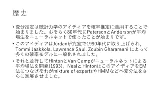 sʷ
? ƶϽyӋѧΥǥ_ƶmä뤳Ȥ
ʼޤޤ餯80PetersonAndersonƽ
˥`ͥåȤʹäȤʼޤǤ
? ΥǥJordanоҤ1990ȡϤ졢
Tommi Jaakkola, Lawrence Saul, Zoubin Gharamani ˤä
यδ_ʥǥһ㻯ޤ
? ȁKФHintonVan Camp˥`ͥåȤˤ
ƽ_k(1993)NealHintonϤΥǥEM
ˤĤʤ줬mixture of expertsHMMʤɤ؉ַ
Mչޤ
 
