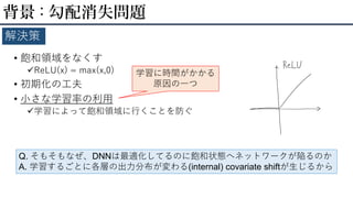 • 飽和領域をなくす
ReLU(x) = max(x,0)
• 初期化の工夫
• 小さな学習率の利用
学習によって飽和領域に行くことを防ぐ
背景 : 勾配消失問題
解決策
学習に時間がかかる
原因の一つ
Q. そもそもなぜ、DNNは最適化してるのに飽和状態へネットワークが陥るのか
A. 学習するごとに各層の出力分布が変わる(internal) covariate shiftが生じるから
 