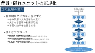 • 各中間層で出力を正規化する
各中間層の入力分布を一定に
大きな学習率の利用が可能
学習の効率を改善させる
• 様々なアプローチ
Batch Normalization(Sergey Ioffe et al. NIPS 2015)
Weight Normalization(Tim Salimans et al. NIPS 2016)
Layer Normalization(Jimmy Lei Ba et al. NIPS 2016)
背景 : 隠れユニットの正規化
正規化層の導入
入力分布
平均0,分散1に規格化
平均0, 分散1
入力分布軸
norm
norm
norm
 