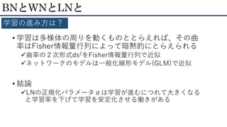 BNとWNとLNと
学習の進み方は？
• 学習は多様体の周りを動くものととらえれば、その曲
率はFisher情報量行列によって暗黙的にとらえられる
曲率の２次形式ds2をFisher情報量行列で近似
ネットワークのモデルは一般化線形モデル(GLM)で近似
• 結論
LNの正規化パラメータσは学習が進むにつれて大きくなる
と学習率を下げて学習を安定化させる働きがある
 