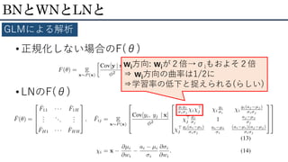 BNとWNとLNと
GLMによる解析
• 正規化しない場合のF(θ)
• LNのF(θ)
wi方向: wiが２倍→σiもおよそ２倍
⇒ wi方向の曲率は1/2に
⇒学習率の低下と捉えられる(らしい)
 