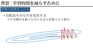• 勾配法そのものを改良する
２次微分を扱うものになると計算コスト膨大
背景 : 学習時間を減らすために
学習の効率を上げる
 