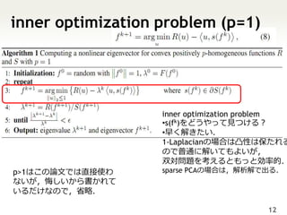 inner optimization problem (p=1)




                   inner optimization problem
                   •s(fk)をどうやって見つける？
                   •早く解きたい．
                   1-Laplacianの場合は凸性は保たれる
                   ので普通に解いてもよいが，
                   双対問題を考えるともっと効率的．
p>1はこの論文では直接使わ     sparse PCAの場合は，解析解で出る．
ないが，悔しいから書かれて
いるだけなので，省略．

                                        12
 