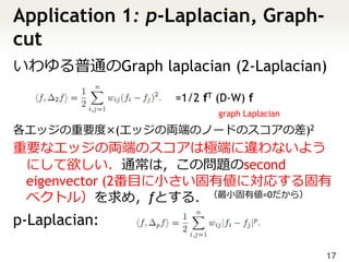 Application 1: p-Laplacian, Graph-
cut
いわゆる普通のGraph laplacian (2-Laplacian)
                  =1/2 fT (D-W) f
                          graph Laplacian
各エッジの重要度×(エッジの両端のノードのスコアの差)2
重要なエッジの両端のスコアは極端に違わないよう
 にして欲しい．通常は，この問題のsecond
 eigenvector (2番目に小さい固有値に対応する固有
 ベクトル）を求め，fとする．（最小固有値=0だから）
p-Laplacian:

                                            17
 