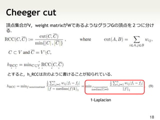 Cheeger cut
頂点集合がV，weight matrixがWであるようなグラフGの頂点を２つに分け
る．




とすると，h_RCCは次のように書けることが知られている．




                       1-Laplacian



                                       18
 
