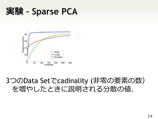 実験 – Sparse PCA




3つのData Setでcadinality (非零の要素の数）
 を増やしたときに説明される分散の値．


                               24
 