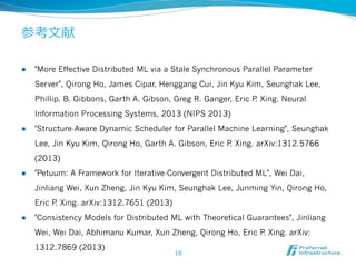 参考⽂文献
l 

"More Effective Distributed ML via a Stale Synchronous Parallel Parameter
Server", Qirong Ho, James Cipar, Henggang Cui, Jin Kyu Kim, Seunghak Lee,
Phillip. B. Gibbons, Garth A. Gibson, Greg R. Ganger, Eric P Xing. Neural
.
Information Processing Systems, 2013 (NIPS 2013)

l 

"Structure-Aware Dynamic Scheduler for Parallel Machine Learning", Seunghak
Lee, Jin Kyu Kim, Qirong Ho, Garth A. Gibson, Eric P Xing. arXiv:1312.5766
.
(2013)

l 

"Petuum: A Framework for Iterative-Convergent Distributed ML", Wei Dai,
Jinliang Wei, Xun Zheng, Jin Kyu Kim, Seunghak Lee, Junming Yin, Qirong Ho,
Eric P Xing. arXiv:1312.7651 (2013)
.

l 

"Consistency Models for Distributed ML with Theoretical Guarantees", Jinliang
Wei, Wei Dai, Abhimanu Kumar, Xun Zheng, Qirong Ho, Eric P Xing. arXiv:
.
1312.7869 (2013)

18

 