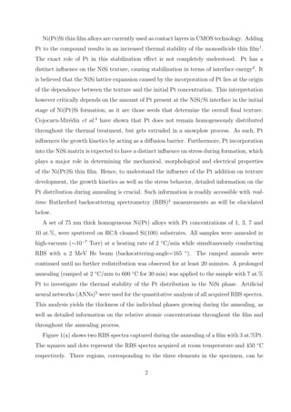 Ni(Pt)Si thin ﬁlm alloys are currently used as contact layers in CMOS technology. Adding
Pt to the compound results in an increased thermal stability of the monosilicide thin ﬁlm1 .
The exact role of Pt in this stabilization eﬀect is not completely understood. Pt has a
distinct inﬂuence on the NiSi texture, causing stabilization in terms of interface energy2 . It
is believed that the NiSi lattice expansion caused by the incorporation of Pt lies at the origin
of the dependence between the texture and the initial Pt concentration. This interpretation
however critically depends on the amount of Pt present at the NiSi/Si interface in the initial
stage of Ni(Pt)Si formation, as it are those seeds that determine the overall ﬁnal texture.
Cojocaru-Mir´din et al.3 have shown that Pt does not remain homogeneously distributed
            e
throughout the thermal treatment, but gets extruded in a snowplow process. As such, Pt
inﬂuences the growth kinetics by acting as a diﬀusion barrier. Furthermore, Pt incorporation
into the NiSi matrix is expected to have a distinct inﬂuence on stress during formation, which
plays a major role in determining the mechanical, morphological and electrical properties
of the Ni(Pt)Si thin ﬁlm. Hence, to understand the inﬂuence of the Pt addition on texture
development, the growth kinetics as well as the stress behavior, detailed information on the
Pt distribution during annealing is crucial. Such information is readily accessible with real-
time Rutherford backscattering spectrometry (RBS)4 measurements as will be elucidated
below.
   A set of 75 nm thick homogeneous Ni(Pt) alloys with Pt concentrations of 1, 3, 7 and
10 at.%, were sputtered on RCA cleaned Si(100) substrates. All samples were annealed in
high-vacuum (∼10−7 Torr) at a heating rate of 2 ◦ C/min while simultaneously conducting
RBS with a 2 MeV He beam (backscattering-angle=165 ◦ ). The ramped anneals were
continued until no further redistribution was observed for at least 20 minutes. A prolonged
annealing (ramped at 2 ◦ C/min to 600 ◦ C for 30 min) was applied to the sample with 7 at.%
Pt to investigate the thermal stability of the Pt distribution in the NiSi phase. Artiﬁcial
neural networks (ANNs)5 were used for the quantitative analysis of all acquired RBS spectra.
This analysis yields the thickness of the individual phases growing during the annealing, as
well as detailed information on the relative atomic concentrations throughout the ﬁlm and
throughout the annealing process.
   Figure 1(a) shows two RBS spectra captured during the annealing of a ﬁlm with 3 at.%Pt.
The squares and dots represent the RBS spectra acquired at room temperature and 450 ◦ C
respectively. Three regions, corresponding to the three elements in the specimen, can be

                                              2
 