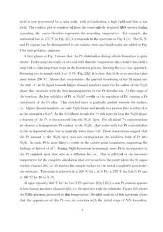 yield is now represented by a color scale, with red indicating a high yield and blue a low
yield. The contour plot is constructed from the consecutively acquired RBS spectra during
annealing, the y-axis therefore represents the annealing temperature. For example, the
horizontal line at 375 ◦ C in Fig. 2(b) corresponds to the spectrum in Fig. 1 (b). The Si, Ni
and Pt regions can be distinguished in the contour plots and depth scales are added in Fig.
2 for interpretation purposes.
   A ﬁrst glance at Fig. 2 shows that the Pt distribution during silicide formation is quite
erratic. Performing this study ex situ and with discrete temperature steps would thus yield a
large risk to miss important steps in the formation process, favoring the real-time approach.
Focussing on the sample with 3 at. % Pt (Fig. 2(b)) it is clear that little or no reaction takes
place below 250 ◦ C . Above that temperature, the gradual broadening of the Ni signal and
the shift of the Si signal towards higher channel numbers mark the formation of the Ni2 Si
phase that coincides with the ﬁrst inhomogeneities in the Pt distribution. At this stage of
the reaction, the low solubility of Pt in Ni2 Si3 results in the expulsion of Pt, causing a Pt
enrichment of the Pt alloy. This enriched layer is gradually pushed towards the surface,
i.e. higher channel numbers, as more Ni2 Si forms underneath in a process that is referred to
as the snowplow eﬀect3 . As the Ni diﬀuses trough the Pt rich layer to form the Ni2 Si phase,
a fraction of the Pt is incorporated into the Ni2 Si layer. For all initial Pt concentrations
we observe a homogeneous Pt content in the Ni2 Si , that scales with the Pt concentration
in the as deposited alloy, but is markedly lower than that. These observations suggest that
the Pt amount in the Ni2 Si layer does not correspond to the solubility limit of Pt into
Ni2 Si. As such, Pt is more likely to reside at the silicide grain boundaries, supporting the
ﬁndings of Imbert et al.7 . During Ni2 Si formation increasingly more Pt is incorporated in
the Pt enriched layer that acts as a diﬀusion barrier. This is reﬂected in the increased
temperature for the complete silicidation that corresponds to the point where the Si signal
reaches channel 280, i.e. Si reaches the sample surface or the metal completely penetrated
the substrate. This point is achieved at ± 350 ◦ C for 1 at.% Pt, ± 375 ◦ C for 3 at.% Pt and
± 400 ◦ C for 10 at.% Pt.
   At approximately 350 ◦ C for the 3 at.% Pt specimen (Fig.2.(b)), a new Pt contour appears
at low channel numbers (channel 425), i.e. the interface with the substrate. Figure 1(b) shows
the RBS spectrum measured at this temperature. Detailed analysis of this spectrum shows
that the appearance of this Pt contour coincides with the initial stage of NiSi formation,

                                              4
 