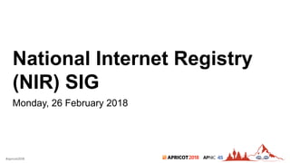2018#apricot2018 45
National Internet Registry
(NIR) SIG
Monday, 26 February 2018
 