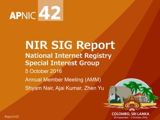 NIR SIG Report
National Internet Registry
Special Interest Group
5 October 2016
Annual Member Meeting (AMM)
Shyam Nair, Ajai Kumar, Zhen Yu
 