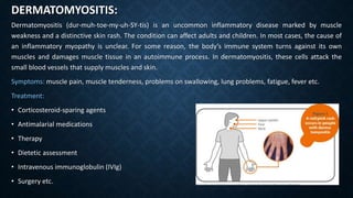 DERMATOMYOSITIS:
Dermatomyositis (dur-muh-toe-my-uh-SY-tis) is an uncommon inflammatory disease marked by muscle
weakness ...