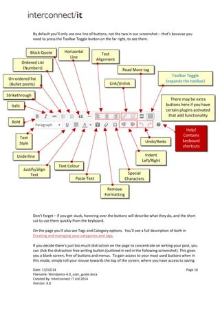 Date: 13/10/14 Page 16
Filename: Wordpress-4.0_user_guide.docx
Created By: Interconnect IT Ltd 2014
Version: 4.0
By default you’ll only see one line of buttons, not the two in our screenshot – that’s because you
need to press the Toolbar Toggle button on the far right, to see them.
Don’t forget – if you get stuck, hovering over the buttons will describe what they do, and the short
cut to use them quickly from the keyboard.
On the page you’ll also see Tags and Category options. You’ll see a full description of both in
Creating and managing your categories and tags.
If you decide there’s just too much distraction on the page to concentrate on writing your post, you
can click the distraction free writing button (outlined in red in the following screenshot). This gives
you a blank screen, free of buttons and menus. To gain access to your most used buttons when in
this mode, simply roll your mouse towards the top of the screen, where you have access to saving
Bold
Italic
Strikethrough
Un-ordered list
(Bullet points)
Ordered List
(Numbers)
Block Quote Text
Alignment
Link/Unlink
Read More tag
Toolbar Toggle
(expands the toolbar)
Help!
Contains
keyboard
shortcuts
Undo/Redo
Indent
Left/Right
Special
Characters
Text
Style
Underline
Justify/align
Text
Text Colour
Paste Text
Remove
Formatting
Horizontal
Line
There may be extra
buttons here if you have
certain plugins activated
that add functionality
 