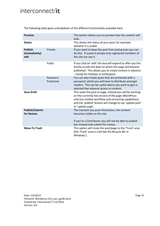 Date: 13/10/14 Page 37
Filename: Wordpress-4.0_user_guide.docx
Created By: Interconnect IT Ltd 2014
Version: 4.0
The following table gives a breakdown of the different functionality available here:
Preview This button allows you to preview how the content will
look.
Status This shows the status of your post, for example,
whether it is visible
Publish
(immediately)
edit
Private If you want to keep the post from prying eyes you can
do this. If a post is private only registered members of
the site can see it.
Public If you click on ‘edit’ the box will expand to offer you the
facility to edit the date on which this page will become
published. This allows you to create content in advance
– handy for holidays or embargoes.
Password
Protected
You can also create posts that are protected with a
password, which you will have to distribute amongst
readers. This can be useful where you want to give a
selected few advance access to content.
Save Draft This saves the post or page, instead you will be working
on the currently live version of the page (WordPress
only has modest workflow and versioning capabilities)
and the ‘publish’ button will change to say ‘update post’
or ‘update page’.
Publish/Submit
for Review
The moment you push this button, the content
becomes visible on the site.
If you’re a Contributor you will not be able to publish
but instead only submit for review.
Move To Trash This option will move the post/page to the ‘Trash’ area
(the ‘Trash’ area is a bit like the Recycle Bin in
Windows.)
 