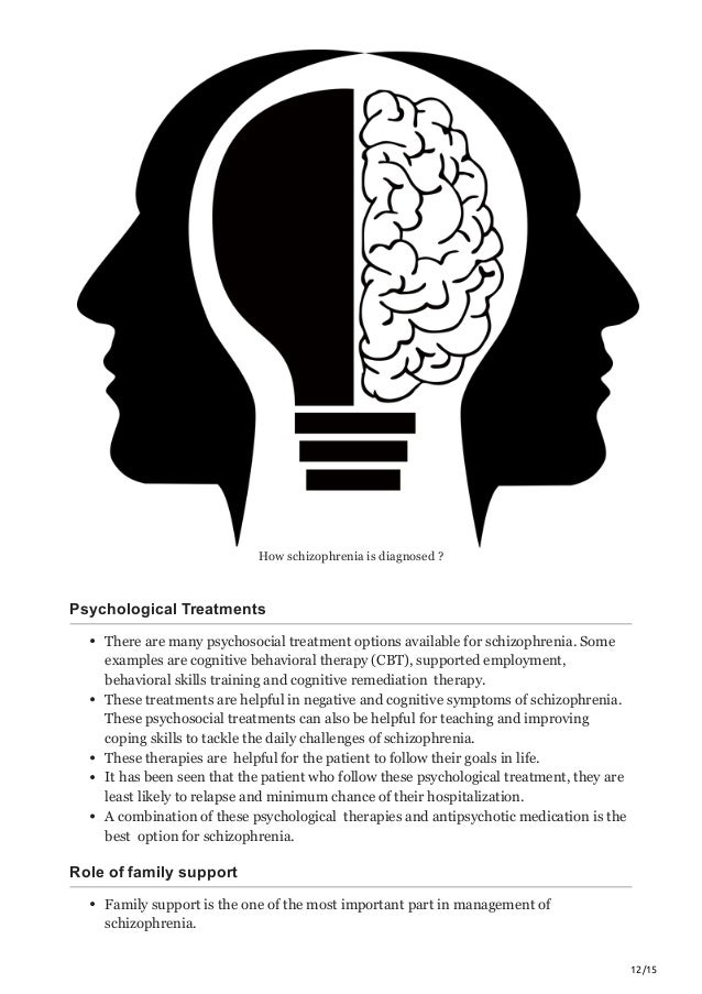 12/15
How schizophrenia is diagnosed ?
Psychological Treatments
There are many psychosocial treatment options available for schizophrenia. Some
examples are cognitive behavioral therapy (CBT), supported employment,
behavioral skills training and cognitive remediation therapy.
These treatments are helpful in negative and cognitive symptoms of schizophrenia.
These psychosocial treatments can also be helpful for teaching and improving
coping skills to tackle the daily challenges of schizophrenia.
These therapies are helpful for the patient to follow their goals in life.
It has been seen that the patient who follow these psychological treatment, they are
least likely to relapse and minimum chance of their hospitalization.
A combination of these psychological therapies and antipsychotic medication is the
best option for schizophrenia.
Role of family support
Family support is the one of the most important part in management of
schizophrenia.
 