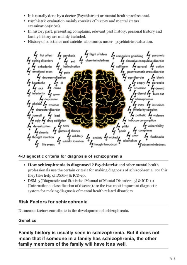 7/15
It is usually done by a doctor (Psychiatrist) or mental health professional.
Psychiatric evaluation mainly consists of history and mental status
examination(MSE).
In history part, presenting complains, relevant past history, personal history and
family history are mainly included.
History of substance and suicide also comes under psychiatric evaluation.
4-Diagnostic criteria for diagnosis of schizophrenia
How schizophrenia is diagnosed ? Psychiatrist and other mental health
professionals use the certain criteria for making diagnosis of schizophrenia. For this
they take help of DSM-5 & ICD-10.
DSM-5 (Diagnostic and Statistical Manual of Mental Disorders-5) & ICD-10
(International classification of disease) are the two most important diagnostic
system for making diagnosis of mental health related disorders.
Risk Factors for schizophrenia
Numerous factors contribute in the development of schizophrenia.
Genetics
Family history is usually seen in schizophrenia. But it does not
mean that if someone in a family has schizophrenia, the other
family members of the family will have it as well.
 