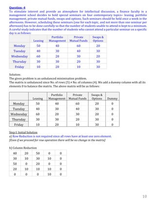 10
Question -4
To stimulate interest and provide an atmosphere for intellectual discussion, a finance faculty in a
management school decides to hold special seminars on four contemporary topics– leasing, portfolio
management, private mutual funds, swaps and options. Such seminars should be held once a week in the
afternoons. However, scheduling these seminars (one for each topic, and not more than one seminar per
afternoon) has to be done carefully so that the number of students unable to attend is kept to a minimum.
A careful study indicates that the number of students who cannot attend a particular seminar on a specific
day is as follows:
Leasing
Portfolio
Management
Private
Mutual Funds
Swaps &
Options
Monday 50 40 60 20
Tuesday 40 30 40 30
Wednesday 60 20 30 20
Thursday 30 30 20 30
Friday 10 20 10 30
Solution:
The given problem is an unbalanced minimisation problem.
The matrix is unbalanced since No. of rows (5) ≠ No. of columns (4). We add a dummy column with all its
elements 0 to balance the matrix. The above matrix will be as follows:
Leasing
Portfolio
Management
Private
Mutual Funds
Swaps &
Options Dummy
Monday 50 40 60 20 0
Tuesday 40 30 40 30 0
Wednesday 60 20 30 20 0
Thursday 30 30 20 30 0
Friday 10 20 10 30 0
Step I: Initial Solution
a) Row Reduction is not required since all rows have at least one zero element.
[Even if we proceed for row operation there will be no change in the matrix]
b) Column Reduction
40 20 50 0 0
30 10 30 10 0
50 0 20 0 0
20 10 10 10 0
0 0 0 10 0
 