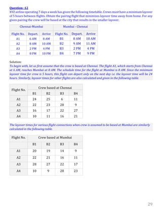 29
Question -12
XYZ airline operating 7 days a week has given the following timetable. Crews must have a minimum layover
of 5 hours between flights. Obtain the pairing flight that minimizes layover time away from home. For any
given pairing the crew will be based at the city that results in the smaller layover.
Solution:
To begin with, let us first assume that the crew is based at Chennai. The flight A1, which starts from Chennai
at 6 AM, reaches Mumbai at 8 AM. The schedule time for the flight at Mumbai is 8 AM. Since the minimum
layover time for crew is 5 hours, this flight can depart only on the next day i.e. the layover time will be 24
hours. Similarly, layover times for other flights are also calculated and given in the following table.
The layover times for various flight connections when crew is assumed to be based at Mumbai are similarly
calculated in the following table.
Flight No. Crew based at Mumbai
B1 B2 B3 B4
A1 20 19 14 9
A2 22 21 16 11
A3 28 27 22 17
A4 10 9 28 23
Chennai-Mumbai Mumbai - Chennai
Flight No. Depart. Arrive Flight No. Depart. Arrive
A1 6 AM 8 AM B1 8 AM 10 AM
A2 8 AM 10 AM B2 9 AM 11 AM
A3 2 PM 4 PM B3 2 PM 4 PM
A4 8 PM 10 PM B4 7 PM 9 PM
Flight No.
Crew based at Chennai
B1 B2 B3 B4
A1 24 25 6 11
A2 22 23 28 9
A3 16 17 22 27
A4 10 11 16 21
 