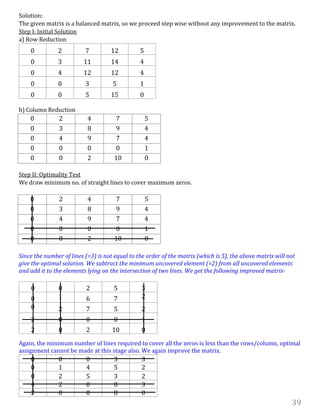39
Solution:
The given matrix is a balanced matrix, so we proceed step wise without any improvement to the matrix.
Step I: Initial Solution
a) Row Reduction
0 2 7 12 5
0 3 11 14 4
0 4 12 12 4
0 0 3 5 1
0 0 5 15 0
b) Column Reduction
0 2 4 7 5
0 3 8 9 4
0 4 9 7 4
0 0 0 0 1
0 0 2 10 0
Step II: Optimality Test
We draw minimum no. of straight lines to cover maximum zeros.
0 2 4 7 5
0 3 8 9 4
0 4 9 7 4
0 0 0 0 1
0 0 2 10 0
Since the number of lines (=3) is not equal to the order of the matrix (which is 5), the above matrix will not
give the optimal solution. We subtract the minimum uncovered element (=2) from all uncovered elements
and add it to the elements lying on the intersection of two lines. We get the following improved matrix-
0 0 2 5 3
0 1 6 7 2
0 2 7 5 2
2 0 0 0 1
2 0 2 10 0
Again, the minimum number of lines required to cover all the zeros is less than the rows/column, optimal
assignment cannot be made at this stage also. We again improve the matrix.
0 0 0 3 3
0 1 4 5 2
0 2 5 3 2
4 2 0 0 3
2 0 0 8 0
 