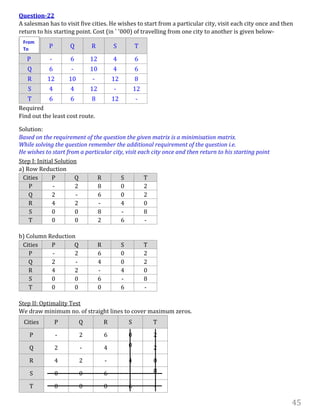 45
Question-22
A salesman has to visit five cities. He wishes to start from a particular city, visit each city once and then
return to his starting point. Cost (in ` '000) of travelling from one city to another is given below-
Required
Find out the least cost route.
Solution:
Based on the requirement of the question the given matrix is a minimisation matrix.
While solving the question remember the additional requirement of the question i.e.
He wishes to start from a particular city, visit each city once and then return to his starting point
Step I: Initial Solution
a) Row Reduction
Cities P Q R S T
P - 2 8 0 2
Q 2 - 6 0 2
R 4 2 - 4 0
S 0 0 8 - 8
T 0 0 2 6 -
b) Column Reduction
Cities P Q R S T
P - 2 6 0 2
Q 2 - 4 0 2
R 4 2 - 4 0
S 0 0 6 - 8
T 0 0 0 6 -
Step II: Optimality Test
We draw minimum no. of straight lines to cover maximum zeros.
Cities P Q R S T
P - 2 6 0 2
Q 2 - 4 0 2
R 4 2 - 4 0
S 0 0 6 - 8
T 0 0 0 6 -
P Q R S T
P - 6 12 4 6
Q 6 - 10 4 6
R 12 10 - 12 8
S 4 4 12 - 12
T 6 6 8 12 -
From
To
 