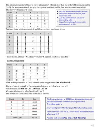 46
The minimum number of lines to cover all zeros is 4 which is less than the order of the square matrix
(i.e.5), the above matrix will not give the optimal solution, and further improvement is required.
The improved matrix will be as:
Cities P Q R S T
P - 0 4 0 2
Q 0 - 2 0 2
R 2 0 - 4 0
S 0 0 6 - 10
T 0 0 0 8 -
Again we draw minimum no. of straight lines to cover maximum zeros.
Since the no. of lines = No. of row/column=4, optimal solution is possible.
Step III: Assignment
Cities P Q R S T
P - 0 4 0 2
Q 0 - 2 0 2
R 2 0 - 4 0
S 0 0 6 - 10
T 0 0 0 8 -
After making allotment in Cell53 and Cell35 there appears tie. We allot in Cell41.
The next lowest cost cell is 2 so we make allotment in cells where cost is 2.
Possible cells are: Cell 31 Cell 15 Cell 25 Cell 23
We make allotment in all cells with cell cost 2.
The routes and their associated costs are as follows:
From To Cost
P S 4000
S Q 4000
Q P 6000
R T 8000
T R 8000
Total Cost 30000
Cities P Q R S T
P - 0 4 0 2
Q 0 - 2 0 2
R 2 0 - 4 0
S 0 0 6 - 10
T 0 0 0 8 -
 Pick the minimum uncovered cell cost.
 Deduct the minimum cell cost from
uncovered cells
 Add the said minimum cell cost to
intersecting cells
 Copy the remaining elements in the
coming matrix as it is.
The least cost comes to 30000 but this solution does not
fulfil the additional condition of the question ie.
Travelling pattern.
So we shall proceed further to find the alternative route.
The next lowest cost cell is 2 so we make allotment in cells
where cost is 2.
Possible cells are: Cell 31 Cell 15 Cell 25 Cell 23
 