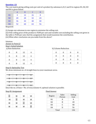 48
Question -23
The cost matrix giving selling costs per unit of a product by salesman A, B, C and D in regions R1, R2, R3
and R4 is given below:
A B C D
R1 4 12 16 8
R2 20 28 32 24
R3 36 44 48 40
R4 52 60 64 56
Required:
(i) Assign one salesman to one region to minimise the selling cost.
(ii) If the selling price of the product is ₹200 per unit and variable cost excluding the selling cost given in
the table is ₹100 per unit, find the assignment that would maximise the contribution.
(iii) What other conclusion can you make from the above?
Solution:
Answer to Point (i)
Step I: Initial Solution
a) Row Reduction b) Column Reduction
Step II: Optimality Test
We draw minimum no. of straight lines to cover maximum zeros.
0 0 0 0
0 0 0 0
0 0 0 0
0 0 0 0
Since the no. of lines = No. of row/column=4, optimal solution is possible.
Step III: Assignment Final Answer
0 0 0 0
0 0 0 0
0 0 0 0
0 0 0 0
0 8 12 4
0 8 12 4
0 8 12 4
0 8 12 4
0 0 0 0
0 0 0 0
0 0 0 0
0 0 0 0
Region
Sales
Person
Selling
Cost
R1 A 4
R2 B 28
R3 C 48
R4 D 56
Total 136
 