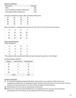 49
Answer to Point (ii)
Particulars Amount
Sales 200
Less: Variable cost before Selling Cost 100
Contribution before Selling Cost 100
Forming contribution matrix: After Including Selling Costs.
96 88 84 92
80 72 68 76
64 56 52 60
48 40 36 44
Since, the matrix is a maximisation matrix we will convert the matrix into a loss matrix.
0 8 12 4
16 24 28 20
32 40 44 36
48 56 60 52
Step I: Initial Solution
a) Row Reduction
0 8 12 4
0 8 12 4
0 8 12 4
0 8 12 4
This matrix is the same matrix that we have derived in point no. (1) In Step I
So, final answer shall be:
Answer to Point (iii)
i) If a constant is added/multiplied/divided/ subtracted to every element of the matrix in an
assignment problem then an assignment which minimises the total cost for the new matrix will also
minimize the total cost matrix. (i.e. there will be no impact in final solution)
ii) Minimising cost is the same as maximizing contribution.
iii) Many zero’s represent many feasible least cost assignment. Here, all zeros mean maximum
permutation of a 4 X 4 matrix, viz. 24 solutions (4 X 3 X 2 X1) are possible.
Region Sales Person Contribution
R1 A 96
R2 B 72
R3 C 52
R4 D 44
Total 264
 