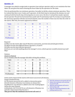 53
Question - 25
A manager was asked to assign tasks to operators (one task per operator only) so as to minimize the time
taken. He was given the matrix showing the hours taken by the operators for the tasks.
First, he performed the row minimum operation. Secondly, he did the column minimum operation. Then,
he realized that there were 4 tasks and 5 operators. At the third step he introduced the dummy row and
continued with his fourth step of drawing lines to cover zeros. He drew 2 vertical lines (under operator
III and operator IV) and two horizontal lines (aside task T4 and dummy task T5). At step 5, he performed
the necessary operation with the uncovered element, since the number of lines was less than the order of
the matrix. After this, his matrix appeared as follows:
Tasks I II III IV V
T1 4 2 5 0 0
T2 6 3 3 0 3
T3 4 0 0 0 1
T4 0 0 5 3 0
T5 (Dummy) 0 0 3 3 0
Required
(i) What was the matrix after step II? Based on such matrix, ascertain (ii) and (iii) given below.
(ii) What was the most difficult task for operators I, II and V?
(iii) Who was the most efficient operators?
(iv) If you are not told anything about the manager’s errors, which operator would be denied any task?
Why?
Solution:
Answer to Point (i)
Let us visualise what the manager did while solving this problem:
Tasks I II III IV V
T1 4 2 5 0 0
T2 6 3 3 0 3
T3 4 0 0 0 1
T4 0 0 5 3 0
T5 (Dummy) 0 0 3 3 0
At the end he improved the matrix with lowest uncovered cell element.
Going in backward way:
(i) The lowest uncovered cell is added to intersection point.
(ii) Cell elements of Dummy row/column are always Zero
(iii) Whenever any element is added to Zero the resulting figure
will be the same element.
(iv)Similarly, Cell 53 & Cell 54 are cell elements of Dummy row
and after improvement they became 3.
This proves that the minimum uncovered cell cost is 3
 Pick the minimum uncovered cell cost.
 Deduct the minimum cell cost from
uncovered cells
 Add the said minimum cell cost to
intersecting cells
 Copy the remaining elements in the
coming matrix as it is.
 