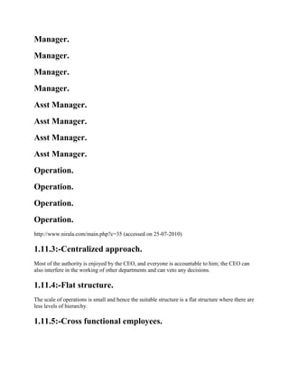 Manager.
Manager.
Manager.
Manager.
Asst Manager.
Asst Manager.
Asst Manager.
Asst Manager.
Operation.
Operation.
Operation.
Operation.
http://www.nirala.com/main.php?c=35 (accessed on 25-07-2010)
1.11.3:-Centralized approach.
Most of the authority is enjoyed by the CEO, and everyone is accountable to him; the CEO can
also interfere in the working of other departments and can veto any decisions.
1.11.4:-Flat structure.
The scale of operations is small and hence the suitable structure is a flat structure where there are
less levels of hierarchy.
1.11.5:-Cross functional employees.
 