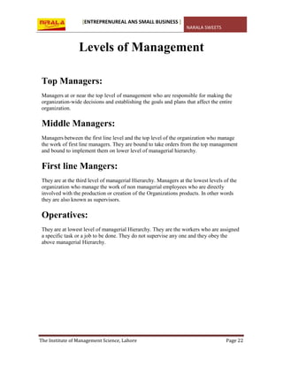 [ENTREPRENUREAL ANS SMALL BUSINESS ]
NARALA SWEETS
The Institute of Management Science, Lahore Page 22
Levels of Management
Top Managers:
Managers at or near the top level of management who are responsible for making the
organization-wide decisions and establishing the goals and plans that affect the entire
organization.
Middle Managers:
Managers between the first line level and the top level of the organization who manage
the work of first line managers. They are bound to take orders from the top management
and bound to implement them on lower level of managerial hierarchy.
First line Mangers:
They are at the third level of managerial Hierarchy. Managers at the lowest levels of the
organization who manage the work of non managerial employees who are directly
involved with the production or creation of the Organizations products. In other words
they are also known as supervisors.
Operatives:
They are at lowest level of managerial Hierarchy. They are the workers who are assigned
a specific task or a job to be done. They do not supervise any one and they obey the
above managerial Hierarchy.
 