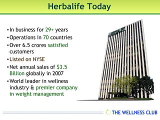 Herbalife Today

• In business for 29+ years
• Operations in 70 countries
• Over 6.5 crores satisfied
  customers
• Listed on NYSE
• Net annual sales of $3.5
  Billion globally in 2007
• World leader in wellness
  industry & premier company
  in weight management
 