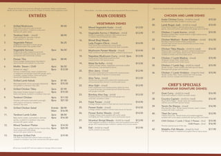 Please let us know if you have any allergies or particular dietary requirements. 
Meals can be made to order, as we are unable to mention each ingredient used. 
ENTRÉES 
1. Grilled Mushroom $9.50 
Fresh eld mushrooms with an exotic 
yoghurt marination, cooked in a clay oven. 
Served with green salad. 
2. Tandoori Gobi - (med) $8.90 
Fresh cauliower marinate in spices 
and roasted in a clay oven. 
3. Vegetable Pakora $6.20 
Vegetables marinated in exotic spices 
 chickpea batter then golden fried. 
4. Vegetable Samosa 2pcs $6.50 
Homemade pastry shaped as pyramids, 
stuffed with mashed potatoes, green peas 
and served with homemade chutney. 
5. Paneer Tika 2pcs $8.90 
Diced cottage cheese pieces marinated in 
special spices and roasted in a clay oven. 
6. MoMo Steam / Chilli 4pcs $6.50 
(meat or veg.) 8pcs $12.00 
Famous in Kathmandu, steam cooked meat 
or vegetarian dumplings mixed with ginger, garlic, 
coriander, cottage cheese, herbs and spices 
served with Nepalese chutney. 
7. Grilled Lamb Kebab 2pcs $7.90 
Marinated lamb mince sausages skewered 4pcs $15.50 
and grilled in a tandoori clay oven. 
8. Grilled Chicken Tikka 2pcs $7.90 
Marinated chicken breast in yoghurt, 4pcs $15.50 
herbs and spices, cooked in a tandoori clay oven. 
9. Tandoori Chicken 4pcs $11.50 
Chicken with bone marinated overnight 8pcs $21.50 
with yoghurt and spices, roasted in a 
tandoori clay oven. 
10. Grilled Chicken Salad Entrée $8.90 
Main $16.90 
11. Tandoori Lamb Cutlet 2pcs $8.50 
Baby lamb cutlets, marinated in delicate 4pcs $16.50 
spices, cooked in a tandoori clay oven, 
served with green salad. 
12. Mixed Tandoori Platter 4pcs $14.50 
Tandoori chicken, grilled chicken breast tikka, 8pcs $25.90 
lamb cutlets and lamb kebab, 
served with green salad on hot sizzler. 
13. Nirankar Grilled Fish $19.90 
Fish llet marinated with special herbs and spices, 
cooked in a tandoori clay oven and served with green salad. 
(All prices include GST and are subject to change without notice) 
Please Note: - our main courses are best enjoyed with Rice and Breads. 
MAIN COURSES 
VEGETARIAN DISHES 
14. Mixed Vegetable Kadai - (med) $13.50 
Seasonal vegetables cooked in country style. 
15. Vegetable Korma // Makhani - (mild) $13.90 
Seasonal vegetables cooked in light cashew sauce 
// makhani sauce nished with cream. 
16. Bhindi Bhaji Masala - 
Lady Fingers (Okra) - (med) $14.90 
Fresh diced okra sautéed with cumin seeds, 
cooked in special sauce nished with fresh coriander. 
17. Mushroom Paneer Masala - (med) $14.90 
Fresh mushroom and diced cheese, cooked in spicy sauce. 
18. Nepalese Mushroom Curry - (mild) 2pcs $13.90 
Aussie grown fresh diced mushroom and 
roasted potato with special sauce. 
19. Malai De Kofta - (mild) $13.50 
Grated cottage cheese, vegetables and potato stuffed 
with sultanas, nuts and special spices. 
20. Aloo Jeera - (med) $12.90 
Blue peas tenderised and cooked with roasted potato 
and exotic blend of spices in country style. 
21. Aloo Tama - (med) $13.50 
Tenderised chickpea and cooked with roasted potato 
and young bamboo shoots in country style sauce. 
22. Aloo Gabi - (med) $13.90 
Fresh cauliowers and roasted potato lightly stir fried 
in onion  tomato, just mixed spinach leaves avoured 
with ginger coriander. 
23. Bombay Aloo Sag - (mild) $13.50 
Roasted potato simmered with fresh ginger and 
coriander, excellent in taste. 
24. Palak Paneer - (mild) $14.90 
Cottage cheese cooked in fresh spinach sauce and spices. 
25. Paneer Kadai - (med) $14.50 
Cottage cheese cooked in tomato base sauce and spices. 
26. Paneer Butter Masala - (mild) $14.50 
Cottage cheese cubes sautéed with cumin seeds 
and lightly stir fried, cooked in onion and tomato sauce. 
27. Nirankari Brinjal Masala - (mild to med) $13.90 
Fresh eggplant smoked in tandoori oven and sautéed cumin seed, 
ginger and roasted potato cooked in cashew and coconut sauce. 
28. Dall - (mild to med) $12.90 
Lentils cooked country style 
Most of our foods are mild, and can be made medium and hot upon your request. 
CHICKEN AND LAMB DISHES 
29. Kadai Chicken Curry - (mild to med) $15.50 
Boneless chicken llet cooked in country style. 
30. Lamb Rogan Josh - (mild to med) $15.95 
Diced lamb cooked in delicate spicy sauce of cardamom, 
spices, clove and tumeric garnished with ginger and coriander. 
31. Chicken // Lamb Korma - (mild) $15.95 
Boneless chicken llet / tender lamb in a light cashew sauce, 
nished with cream. 
32. Chicken Makhani - Butter Chicken - (mild) $16.50 
Boneless roasted chicken breast cooked with 
smooth fresh tomato sauce and blended aromatic herbs 
nished with cream. 
33. Chicken Tikka Masala - (mild to med) $16.50 
National dish of England - Tandoori roasted chicken breast 
sautéed with cumin seeds, diced onion, diced capsicum, 
cooked in tomato and onion base sauce. 
34. Chicken // Lamb Madras - (med) $15.90 
Tendered chicken llet / diced lamb 
cooked in special south Indian sauce. 
35. Chicken // Lamb Sag - (mild to med) $15.90 
Tender chicken / lamb cooked with fresh spinach sauce 
avoured with ginger and coriander. 
36. Chicken // Lamb Vindaloo - (med to hot) $15.90 
Tender chicken llet / lamb cooked with chilli powder, 
spices, coconut, vinegar and tomato sauce. 
CHEF’S SPECIALS 
(NIRANKAR SIGNATURE DISHES) 
37. Goat Curry - (mild to med) $16.90 
Goat meat cooked in Chef’s mountain recipe. 
38. Country Captain - (mild to med) $16.90 
Royal dish of Nepal - Tender lamb with roasted potato, 
cashew nuts and fresh spinach leaves. 
39. Tenzin De Sherpa - (med) $16.90 
Mountaineer meal - Tender pieces of lamb / beef / chicken 
cooked with fresh mushroom. 
40. Tibet De Lama $12.90 
Tibetan Favourite - Mixed lentils and roasted eggplant 
sautéed with cumin seed, cooked with spring onion and herbs. 
41. Chilli Chicken // Lamb // Goat // Paneer - (hot) $15.90 
Chilli Prawn - (hot) $16.90 
Nirankar special sauce of the day. 
42. Malekhu Fish Masala - (med to hot) $17.90 
Fish llet cooked in mustard and yoghurt avour spicy sauce. 
