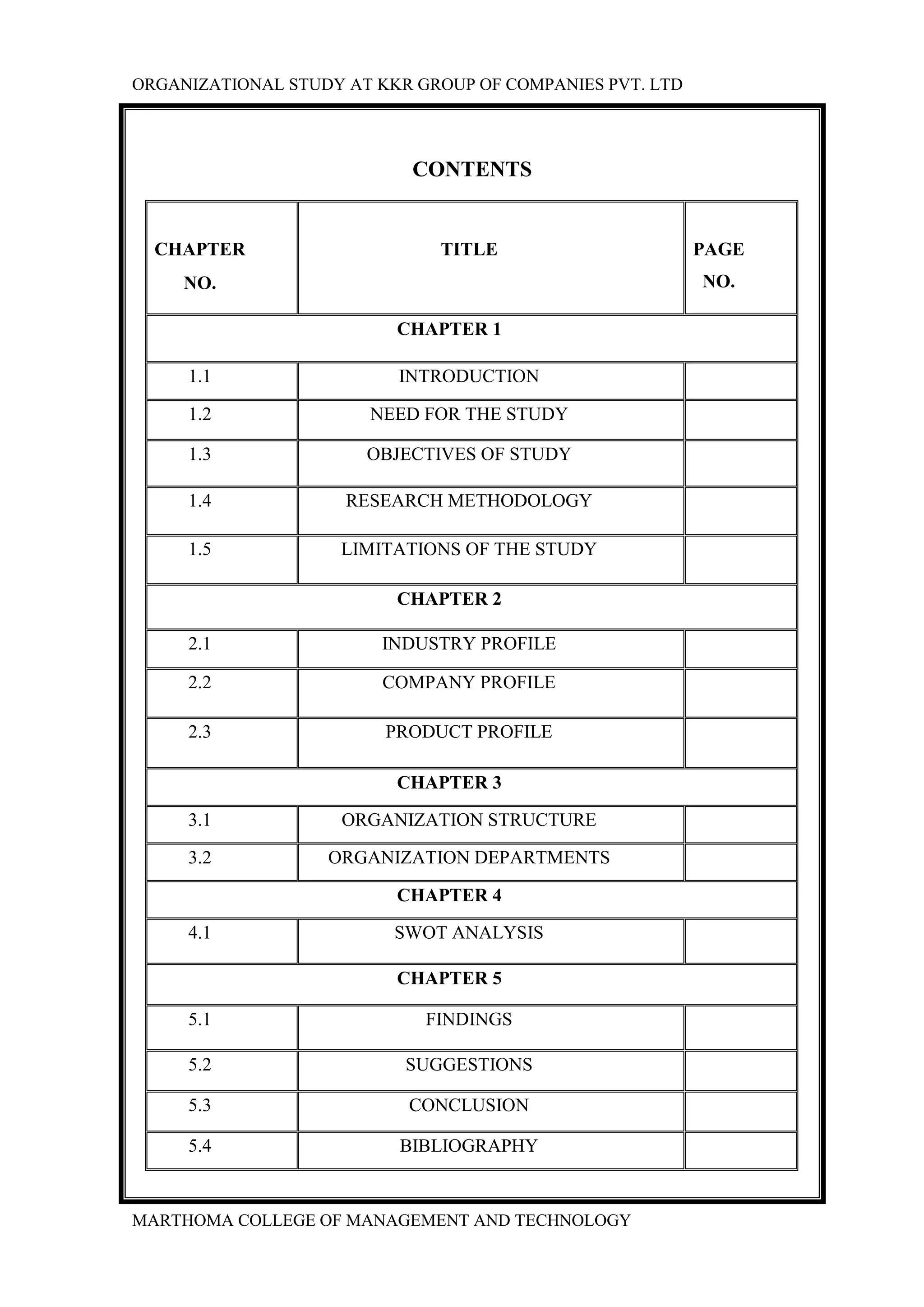 ORGANIZATIONAL STUDY AT KKR GROUP OF COMPANIES PVT. LTD
MARTHOMA COLLEGE OF MANAGEMENT AND TECHNOLOGY
CONTENTS
CHAPTER
NO.
TITLE PAGE
NO.
CHAPTER 1
1.1 INTRODUCTION
1.2 NEED FOR THE STUDY
1.3 OBJECTIVES OF STUDY
1.4 RESEARCH METHODOLOGY
1.5 LIMITATIONS OF THE STUDY
CHAPTER 2
2.1 INDUSTRY PROFILE
2.2 COMPANY PROFILE
2.3 PRODUCT PROFILE
CHAPTER 3
3.1 ORGANIZATION STRUCTURE
3.2 ORGANIZATION DEPARTMENTS
CHAPTER 4
4.1 SWOT ANALYSIS
CHAPTER 5
5.1 FINDINGS
5.2 SUGGESTIONS
5.3 CONCLUSION
5.4 BIBLIOGRAPHY
 