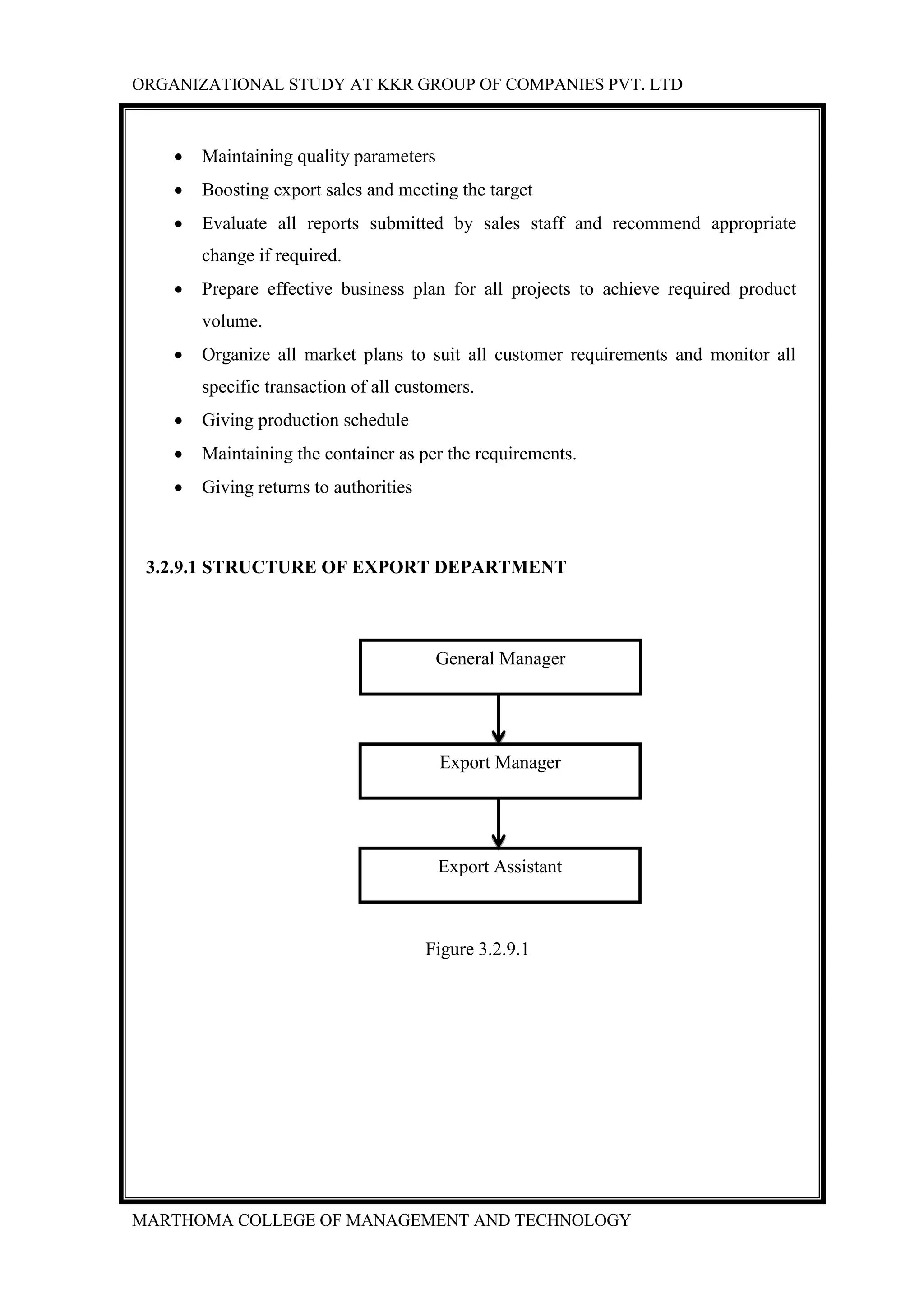ORGANIZATIONAL STUDY AT KKR GROUP OF COMPANIES PVT. LTD
MARTHOMA COLLEGE OF MANAGEMENT AND TECHNOLOGY
 Maintaining quality parameters
 Boosting export sales and meeting the target
 Evaluate all reports submitted by sales staff and recommend appropriate
change if required.
 Prepare effective business plan for all projects to achieve required product
volume.
 Organize all market plans to suit all customer requirements and monitor all
specific transaction of all customers.
 Giving production schedule
 Maintaining the container as per the requirements.
 Giving returns to authorities
3.2.9.1 STRUCTURE OF EXPORT DEPARTMENT
Figure 3.2.9.1
General Manager
Export Manager
Export Assistant
 