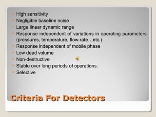  HHiigghh sseennssiittiivviittyy 
 NNeegglliiggiibbllee bbaasseelliinnee nnooiissee 
 LLaarrggee lliinneeaarr ddyynnaammiicc rraannggee 
 RReessppoonnssee iinnddeeppeennddeenntt ooff vvaarriiaattiioonnss iinn ooppeerraattiinngg ppaarraammeetteerrss 
((pprreessssuurreess,, tteemmppeerraattuurree,, ffllooww--rraattee……eettcc..)) 
 RReessppoonnssee iinnddeeppeennddeenntt ooff mmoobbiillee pphhaassee 
 LLooww ddeeaadd vvoolluummee 
 NNoonn--ddeessttrruuccttiivvee 
 SSttaabbllee oovveerr lloonngg ppeerriiooddss ooff ooppeerraattiioonnss.. 
 SSeelleeccttiivvee 
CCrriitteerriiaa FFoorr DDeetteeccttoorrss 
 