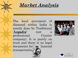 Market Analysis The local movement of diamond within India is mostly done by Traditional ‘ Angadia ’  (not a professional Courier company). It is purely on trust and there is no legal documents for the diamond transportation. 