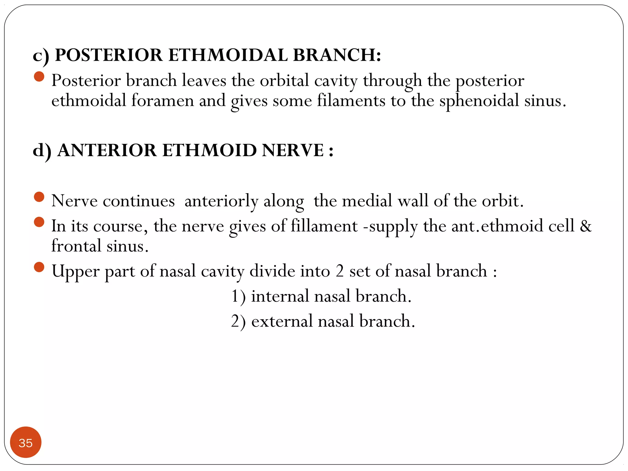 c) POSTERIOR ETHMOIDAL BRANCH:
Posterior branch leaves the orbital cavity through the posterior
ethmoidal foramen and gives some filaments to the sphenoidal sinus.
d) ANTERIOR ETHMOID NERVE :
Nerve continues anteriorly along the medial wall of the orbit.
In its course, the nerve gives of fillament -supply the ant.ethmoid cell &
frontal sinus.
Upper part of nasal cavity divide into 2 set of nasal branch :
1) internal nasal branch.
2) external nasal branch.
35
 