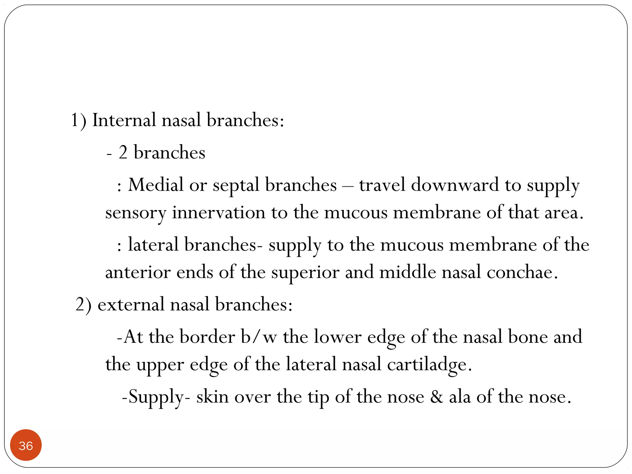 1) Internal nasal branches:
- 2 branches
: Medial or septal branches – travel downward to supply
sensory innervation to the mucous membrane of that area.
: lateral branches- supply to the mucous membrane of the
anterior ends of the superior and middle nasal conchae.
2) external nasal branches:
-At the border b/w the lower edge of the nasal bone and
the upper edge of the lateral nasal cartiladge.
-Supply- skin over the tip of the nose & ala of the nose.
36
 