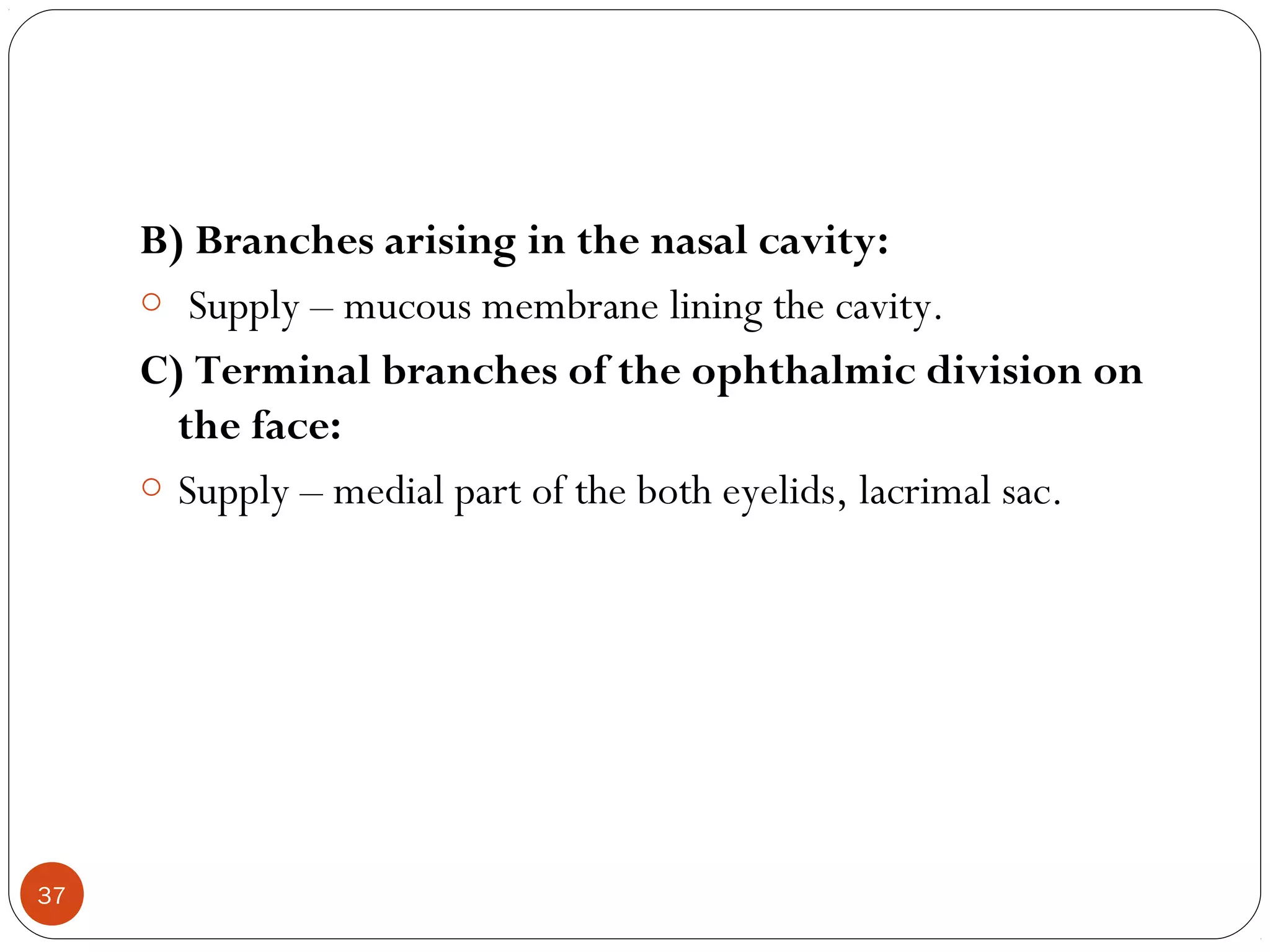 B) Branches arising in the nasal cavity:
o Supply – mucous membrane lining the cavity.
C) Terminal branches of the ophthalmic division on
the face:
o Supply – medial part of the both eyelids, lacrimal sac.
37
 